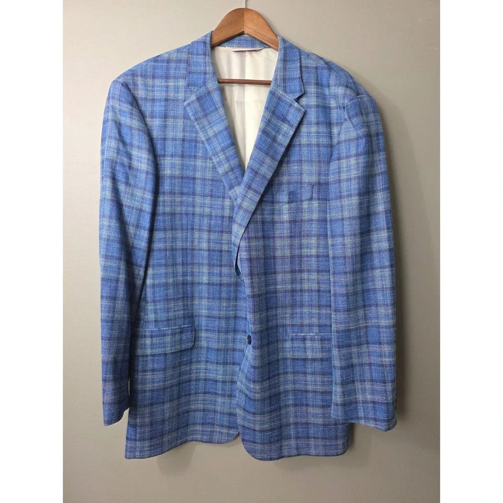 Samuelsohn Mens 50 Long Blue Plaid Wool Silk Linen Sport Coat Carlo Barbera